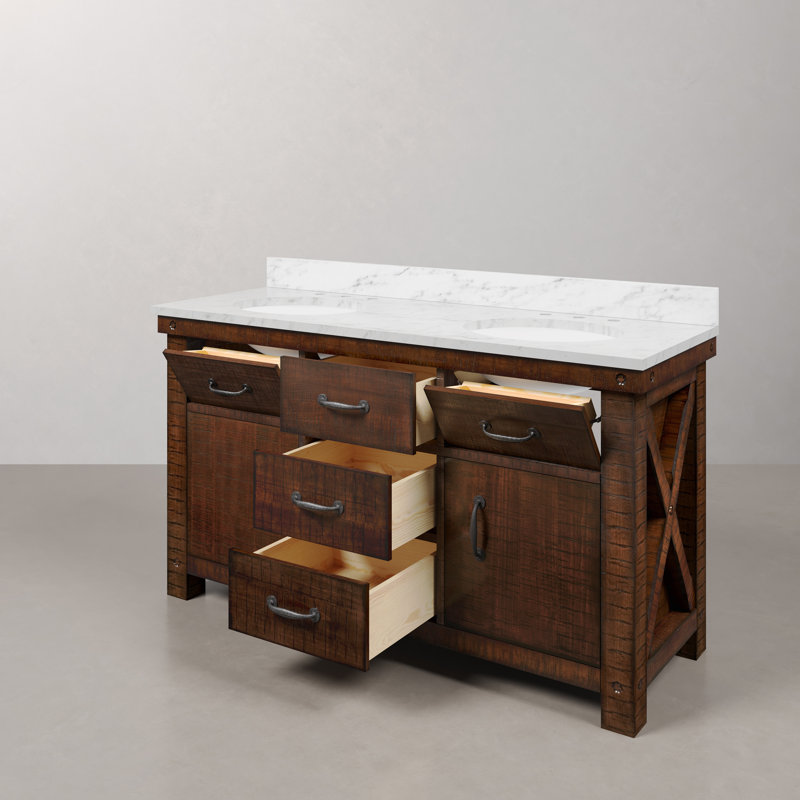 Aberdeen 60'' W Double Vanity, Rustic Sienna, Carrara White