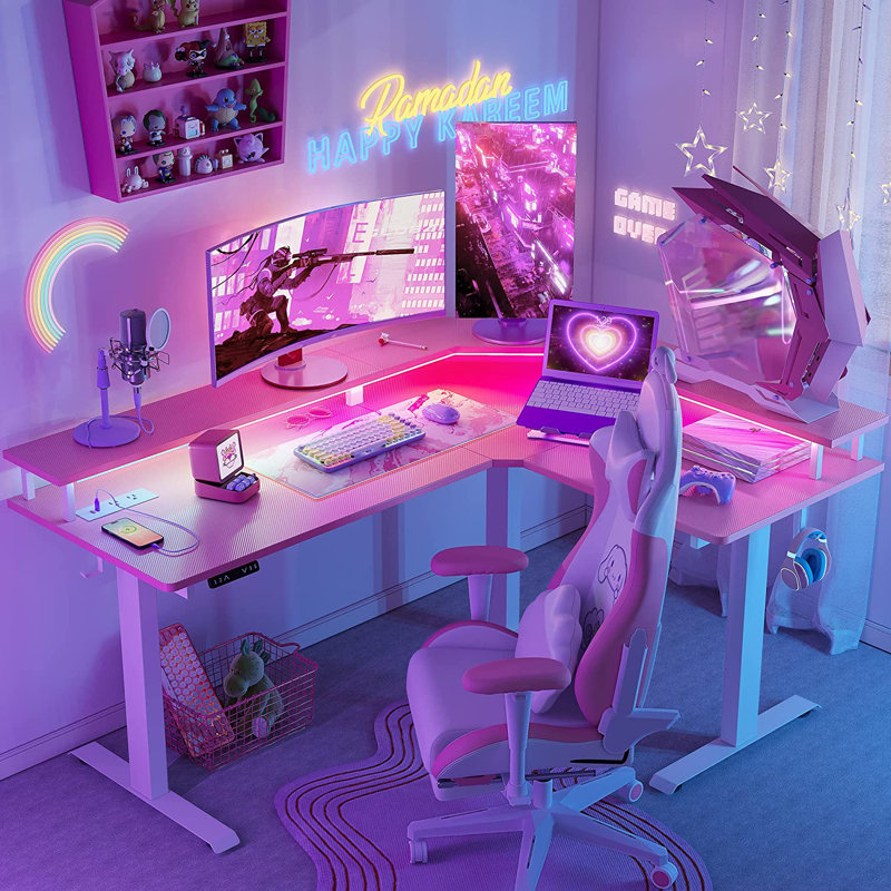 Marquila Adjustable L-Shaped Metal Base Standing Desk, Pink/White