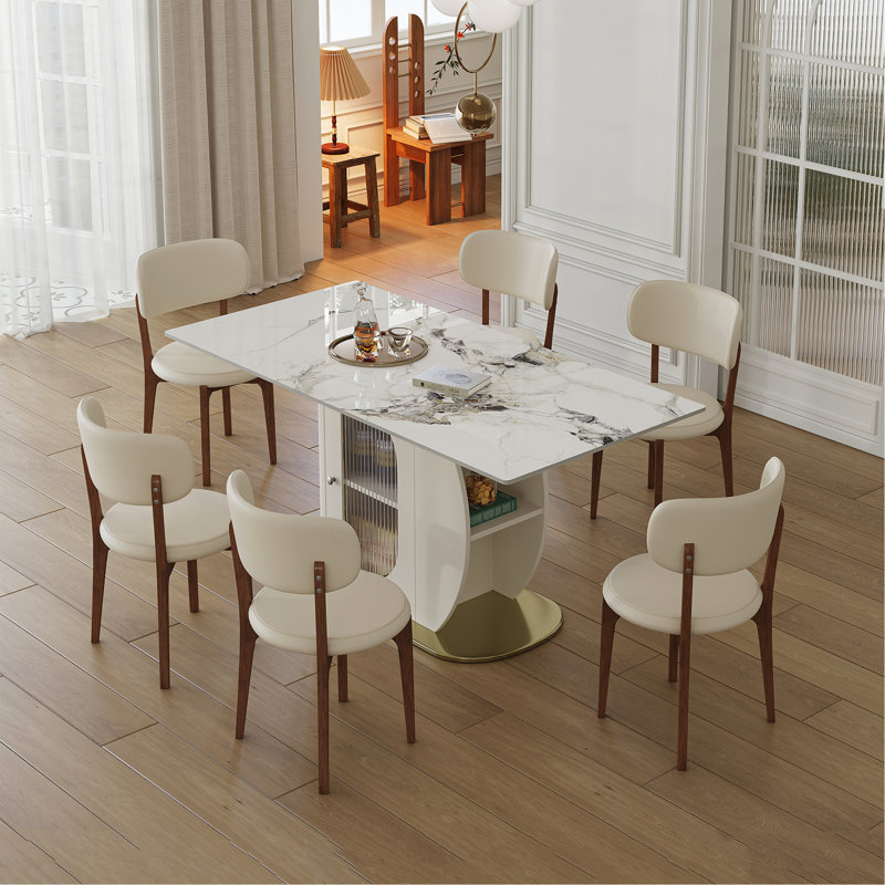 Ensemble de table de salle à manger moderne 63 "pour 4 à 6 personnes avec rangement, plateau en pierre brûlée et base en bois massif doré, comprenant des chaises en polyuréthane pour la cuisine et les appartements