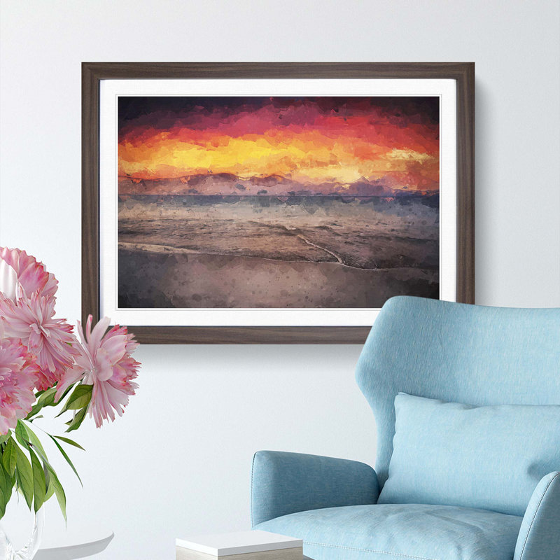 Spanish Beach at Sunset in Abstract - Picture Frame Graphic Art Print, 27cm H x 36cm W x 2cm D, Walnut Framed