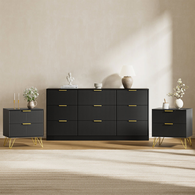 3PCS Dresser And Nightstand Sets For Bedroom, 63" Wide Fluted 9 Drawer Dresser & Nightstand Set Of 2, Black