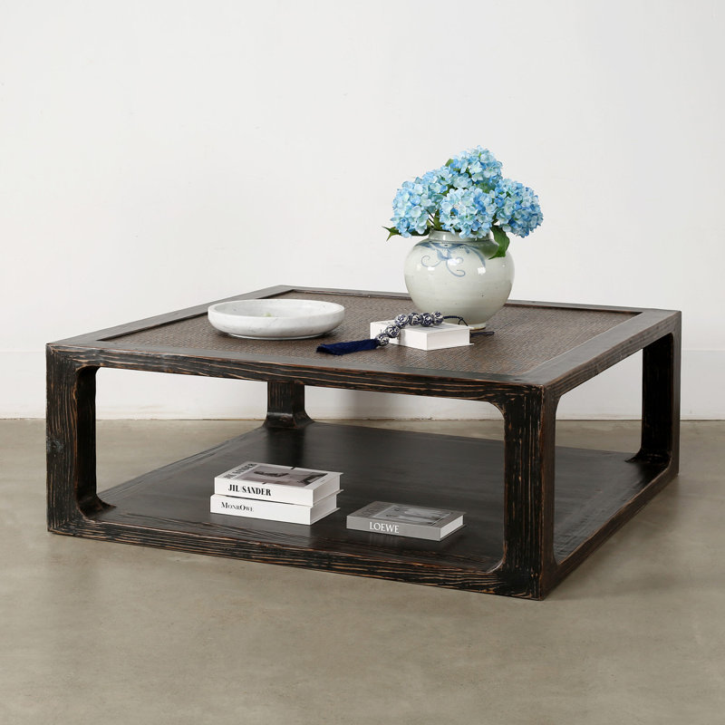 Milo Square Coffee Table with Rattan Top Distressed Blackwash 50x50x19H