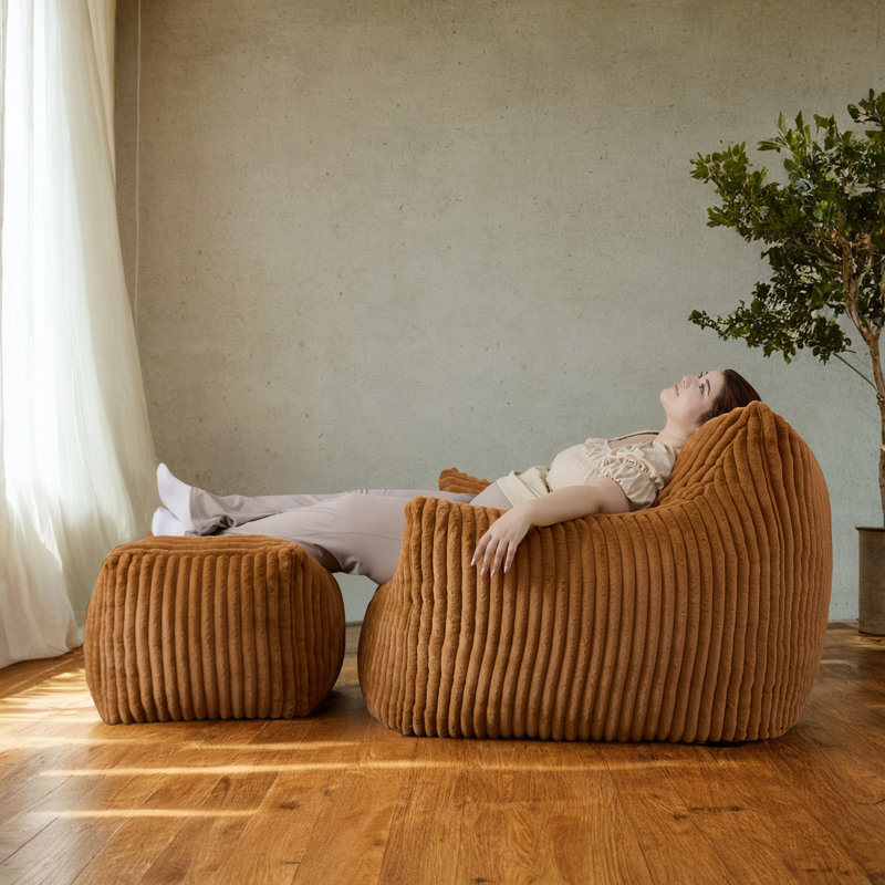 Striped Corduroy Lazy Suspension Sofa Set with Footstool, High Density Memory Foam Padding, Spacious Seat, Installation Free Design