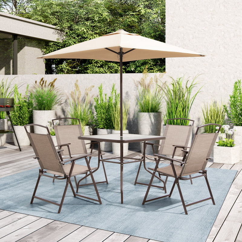 Ensemble de salle à manger en métal pour 4 personnes avec table carrée, chaises pliées et parasol Bendeguz, Beige