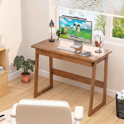 Bureau 100% bois massif avec tiroirs - bureaux étroits rétro de 39 po x 18 po, bureau moderne Mid-Century, petits bureaux pour petits espaces | chambre, salon et bureau - couleur noyer