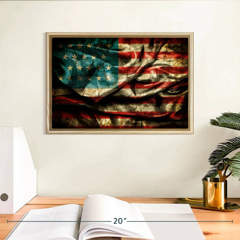Drapeau américain sale, Cadre flottant en bois naturel, 13 po x 9 po