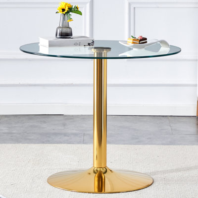 Table de salle à manger ronde en verre trempé de 35 po de diamètre avec pieds en métal doré, convenant aux pieds décoratifs contemporains de 35 po