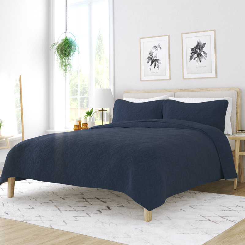 Becky Cameron Damask Pattern Lightweight Quilted Coverlet Set, Navy, King/Cal. King Coverlet + 2 King Shams
