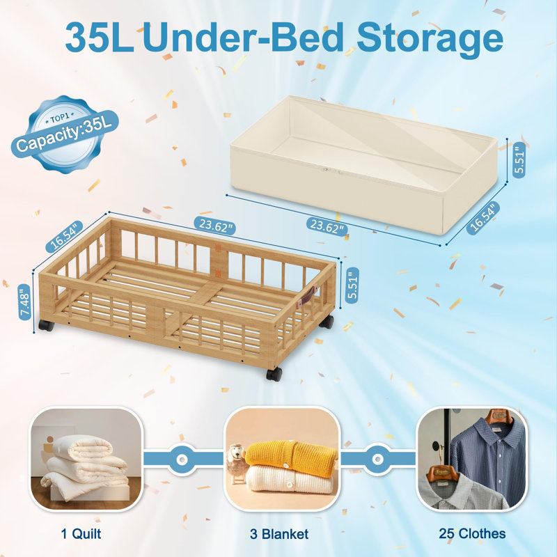 Ensemble de 2 contenants de rangement sous le lit en bambou avec roulettes, panier de rangement sous le lit avec grand sac à poussière, rangement sous le lit, nature