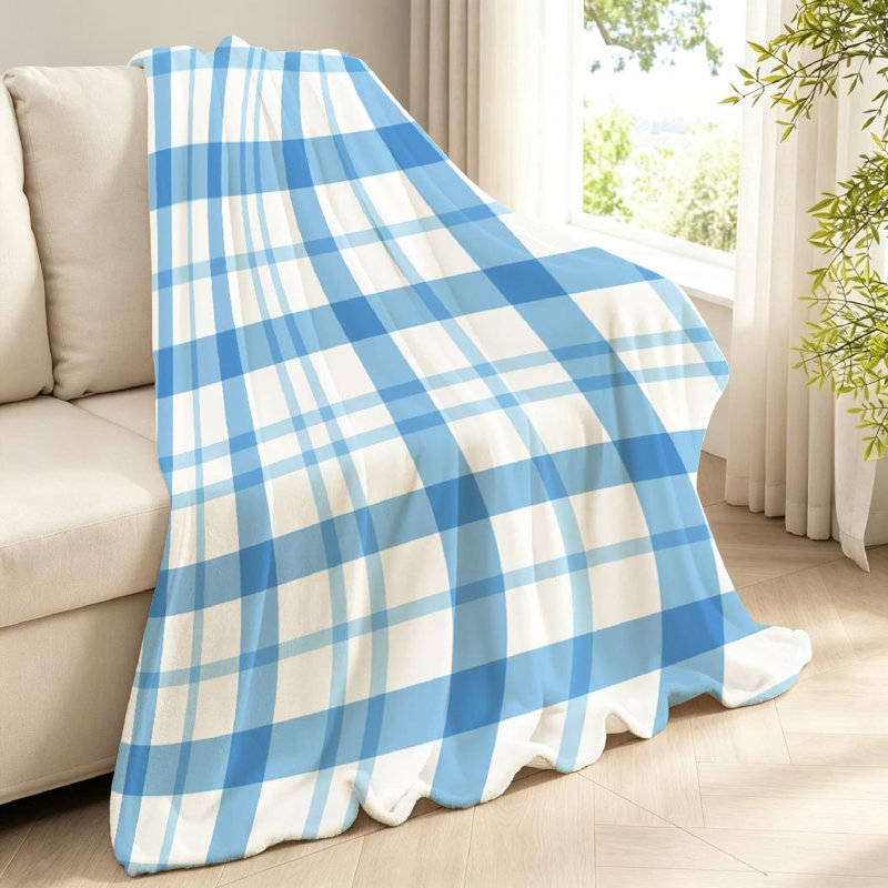 Jeté en molleton bleu ultra doux et imprimé à carreaux blanc sans couture, Jeté 40 po x 50 po