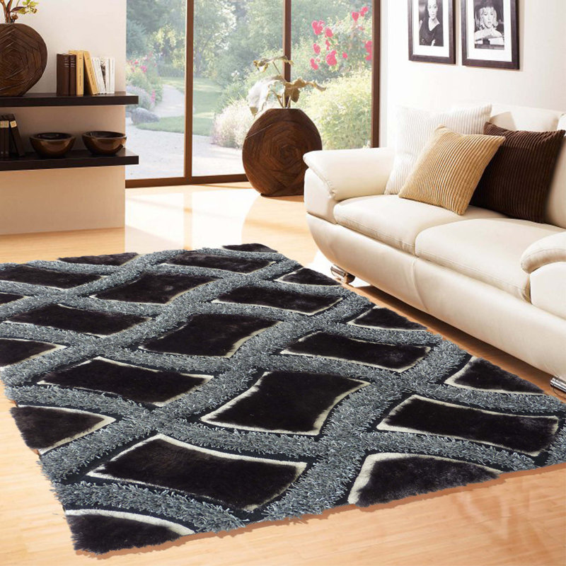 Tapis gris/noir touffeté géométrique fait main Kusan, Rectangle 8 pi x 11 pi
