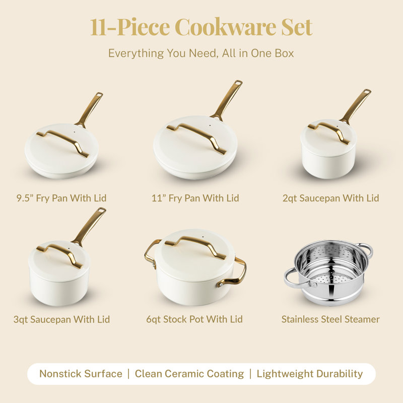 Cream and Gold 11-Piece Nonstick Aluminum Cookware Set