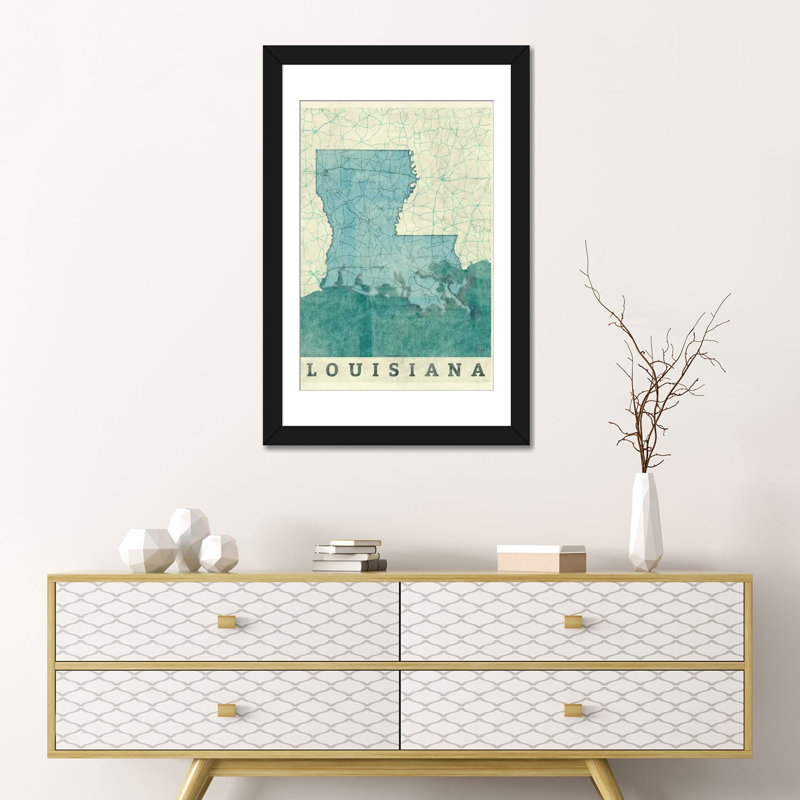 « louisiana map », impression sur toile, Papier avec cadre noir, H 24 po x l 16 po x P 1 po, Blanc
