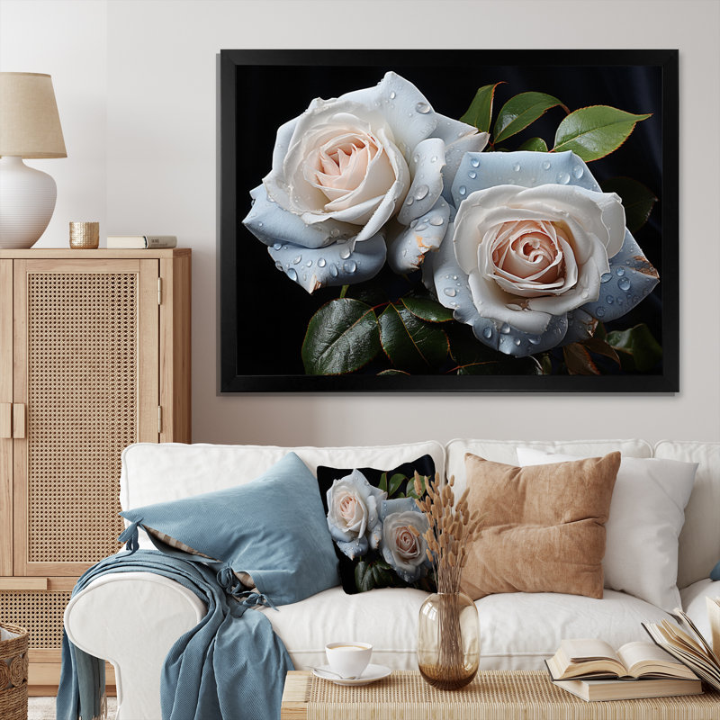 Roses blanches, impression romantique II, H 34 po x l 44 po x P 1,5 po, Cadre simple noir