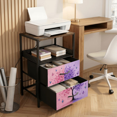 Table de chevet 2 tiroirs avec station de charge, table de chevet de chambre à coucher avec ports USB, tablette ouverte noire, table de chevet avec imprimé de cerisiers en fleurs roses et mauves