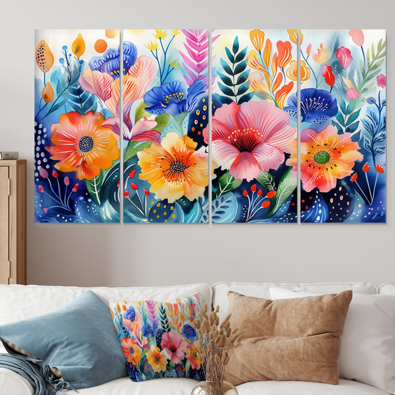 «Pink Blue Flowers Under Water II - Botanicals», ensemble d'art sur toile, H 28 po x l 48 po