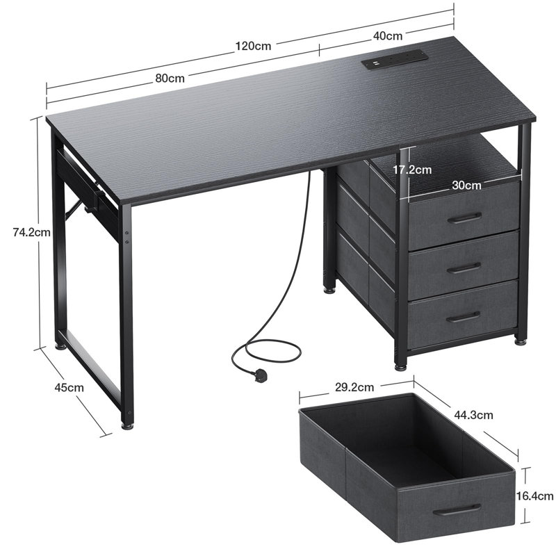 Metal Base Computer Desk with Power Outlet, Black