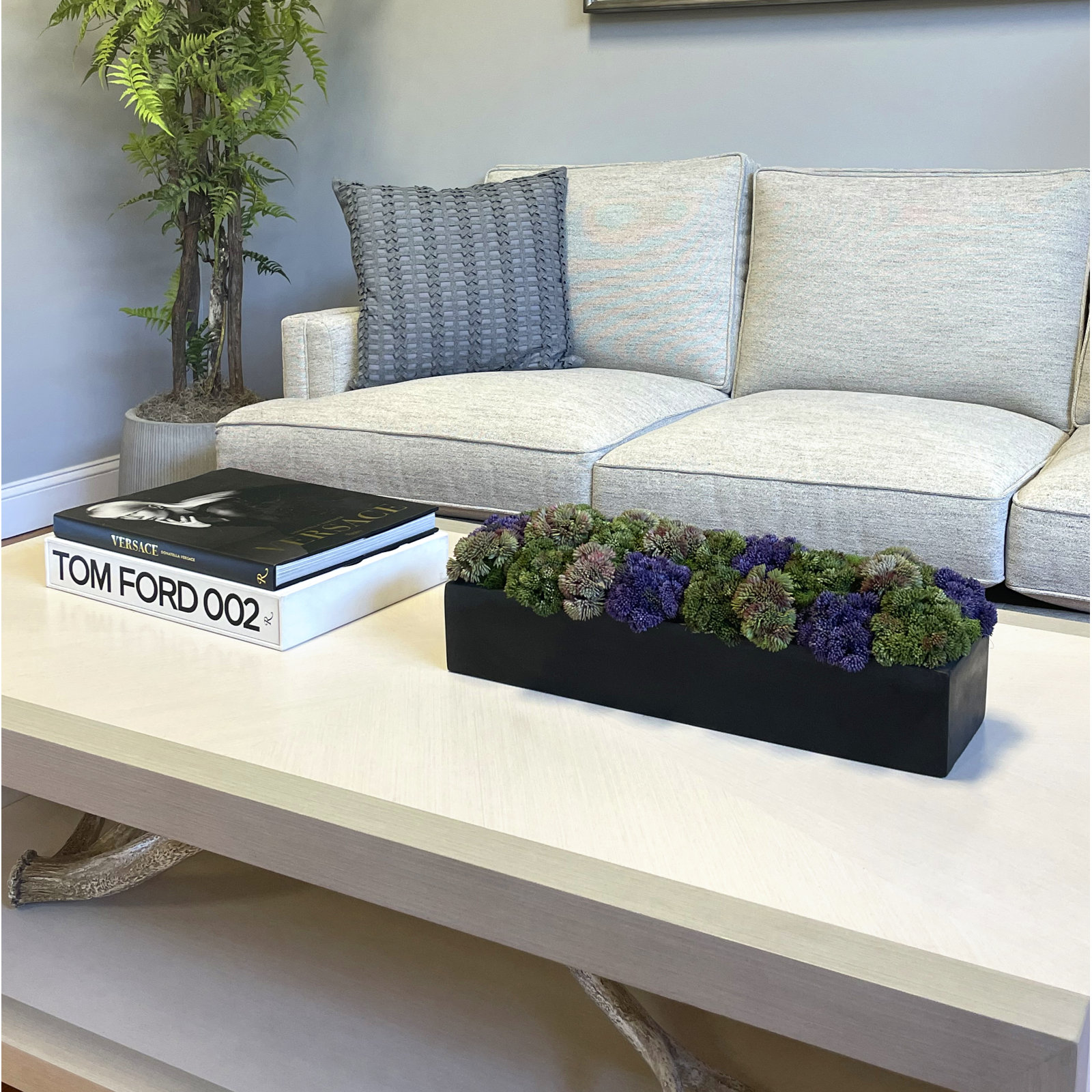 7'' Faux Succulent Plant in Fiberstone Planter, Rectangular, 7" H x 19" W x 6" D, Black