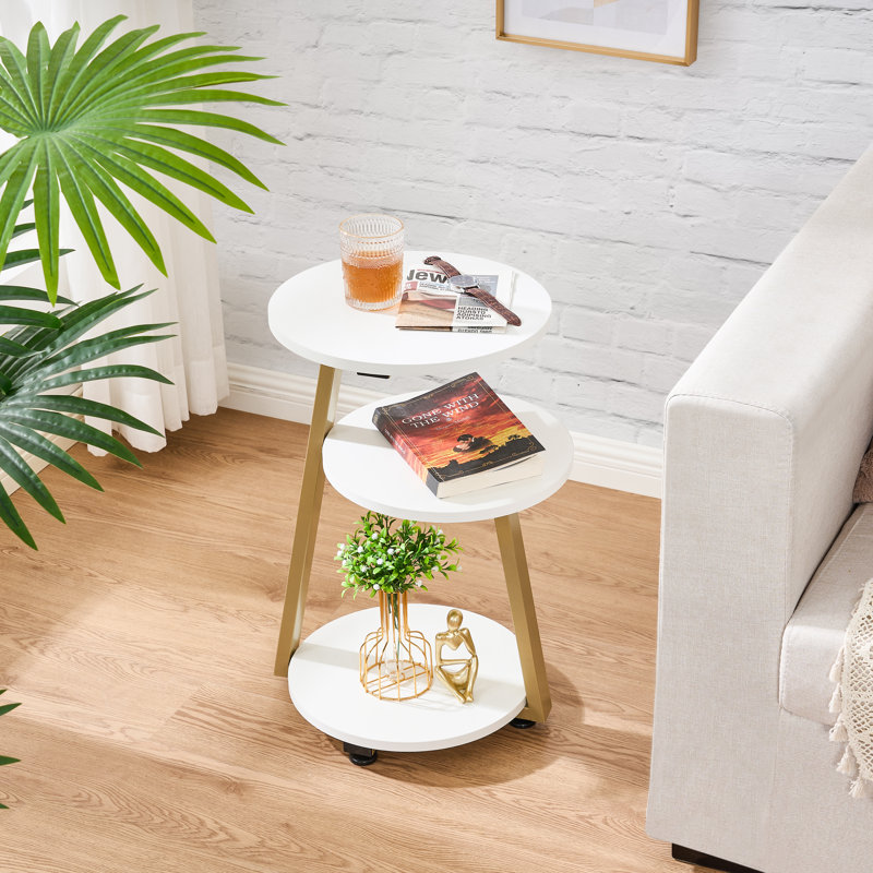 Round End Table Side Table with Metal Frame, Accent Bedside Table Nightstand with 3-Tier Shelves, White, Gold