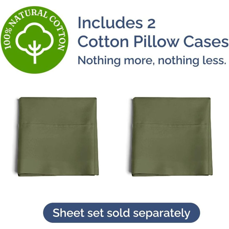 100% Cotton Pillowcase Set, 400 Thread Count Hotel Luxury Pillowcases, Soft & Breathable, Set of 2, Sage Green, Queen