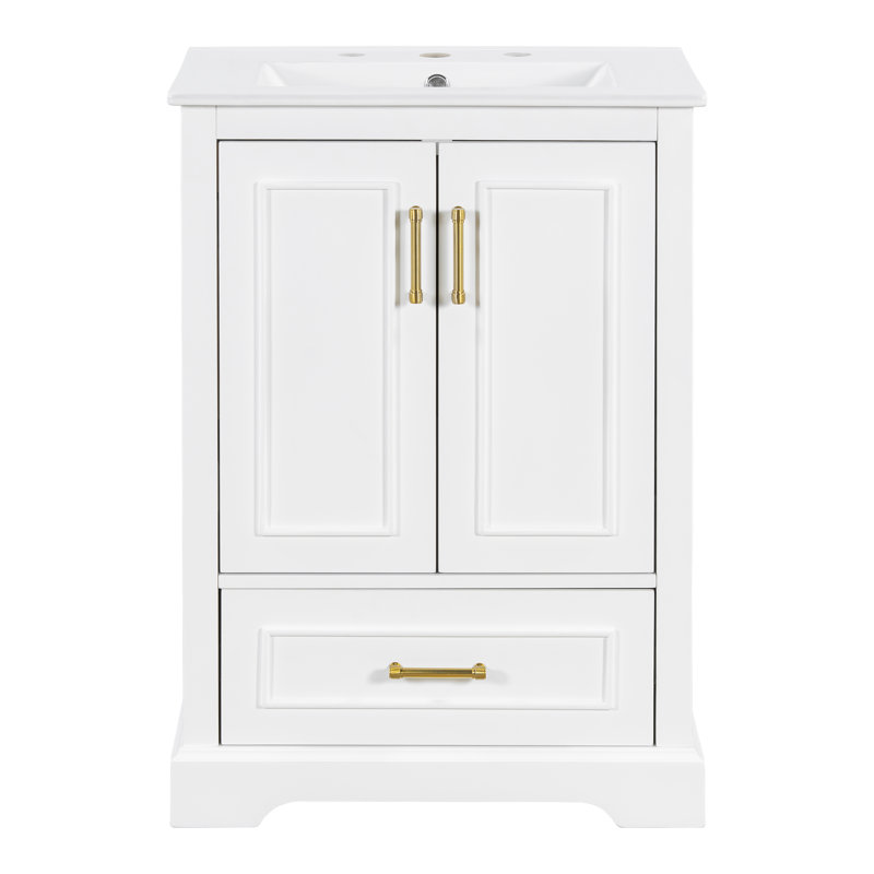 Lucerne 24" Freestanding Bathroom Vanity with Ceramic Sink, Divided Drawer & Soft-Close Doors, White