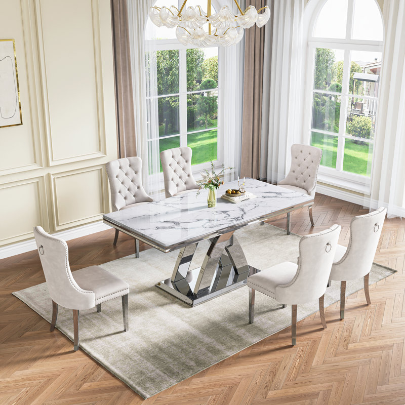 70.08" Modern Faux Marble Dining Table Set With Double X Base, White/Silver, Silver, 7 Pieces: Table, 6 Chairs