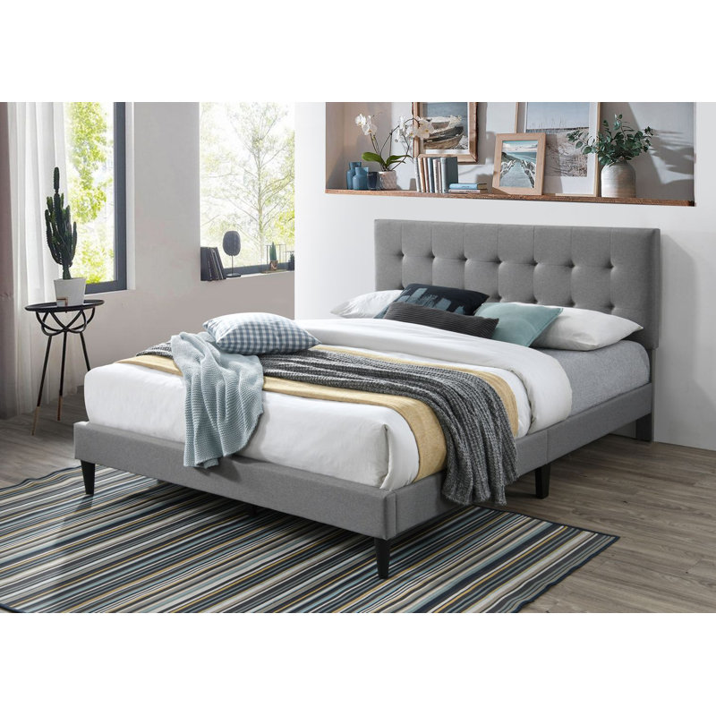 Upholstered Platform Bed, Queen, Stone Silver