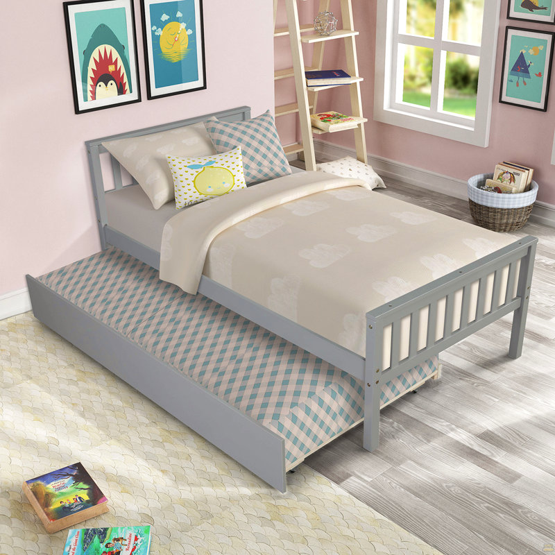 Lit simple avec lit gigogne, cadre de lit plateforme avec tête et pied de lit, Gris
