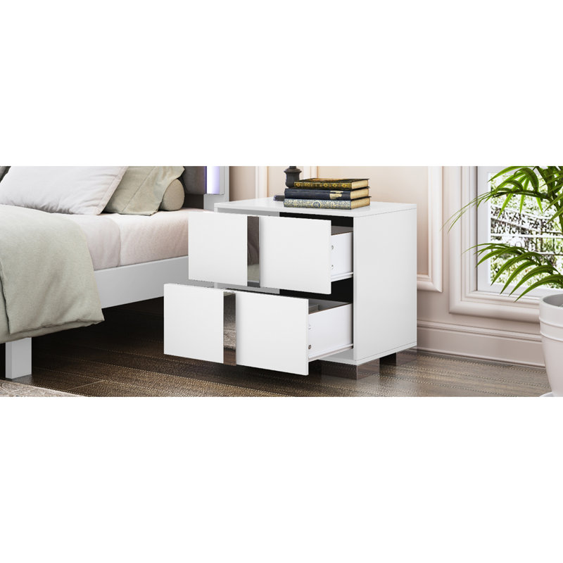 Table de chevet élégante avec miroir blanc avec poignées en métal et 2 tiroirs - Chambre / salon