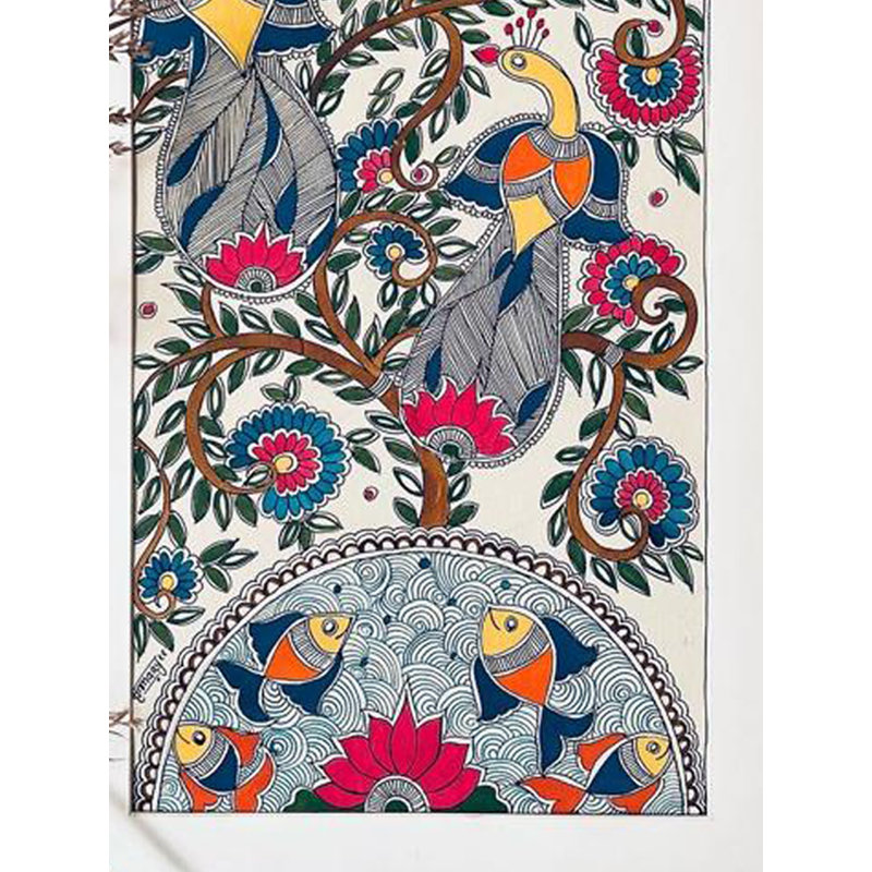 Tableau Madhubani paon et poisson | Acrylique sur papier fait à la main | Avec cadre