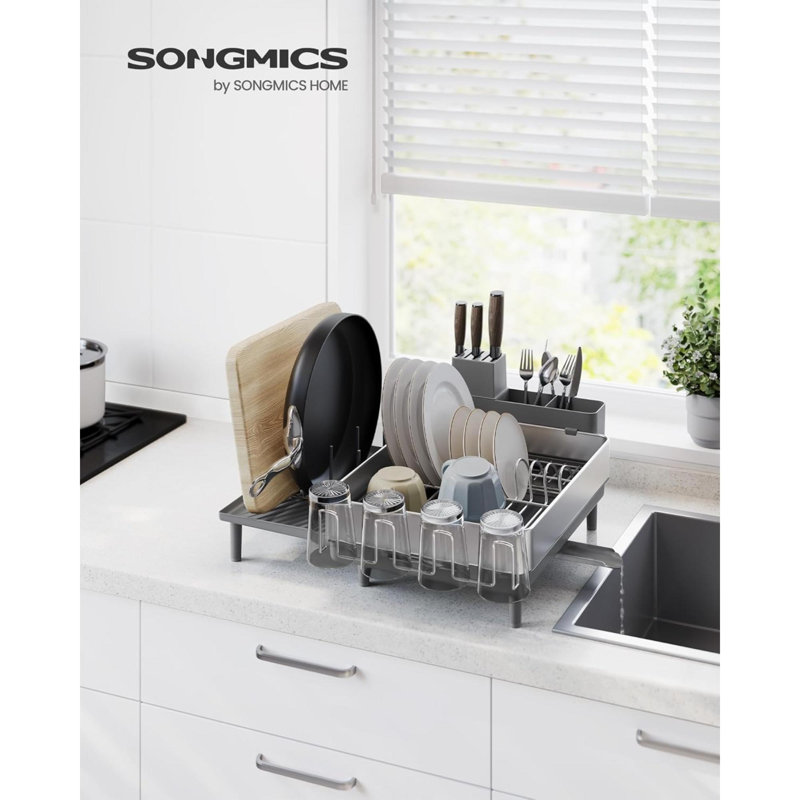 Égouttoir à vaisselle extensible pour comptoir de cuisine Égouttoir à vaisselle en acier inoxydable avec bec rotatif Porte-ustensiles en verre pour planche à découper UKCS037G01