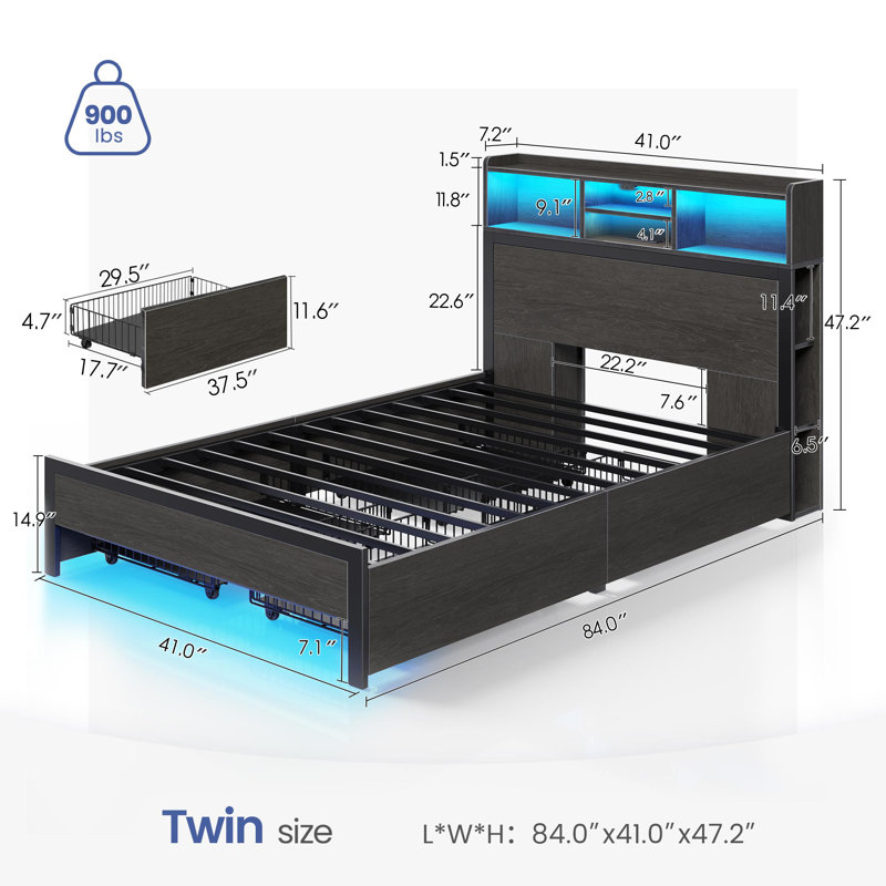 Bed Frame with Bookcase Headboard and 4 Storage Drawers, Metal Platform Bed with RGB LED Lights, Twin/Single