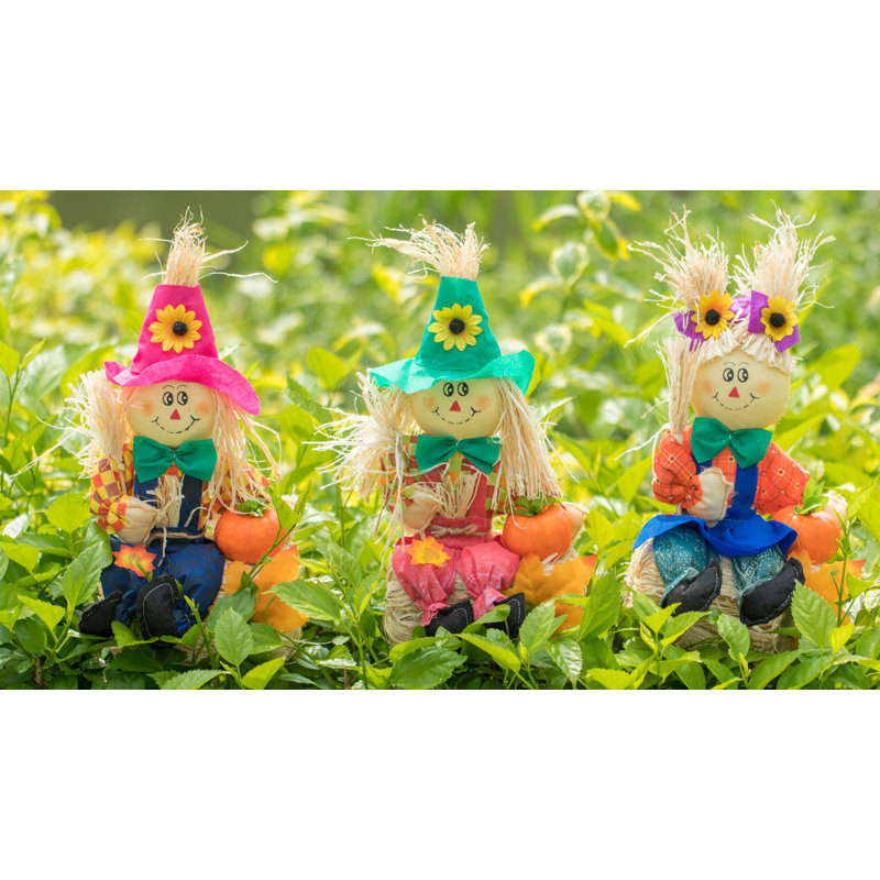 3 Piece Garden Scarecrows Sitting On Hay Bale Set