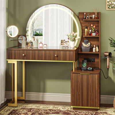  Makeup Vanity Desk With Round Mirror And Lights, 5x Magnifying Makeup Mirror, Dressing Table W/power Outlets, Doorshelves & Adjustable Storage,dark Brown