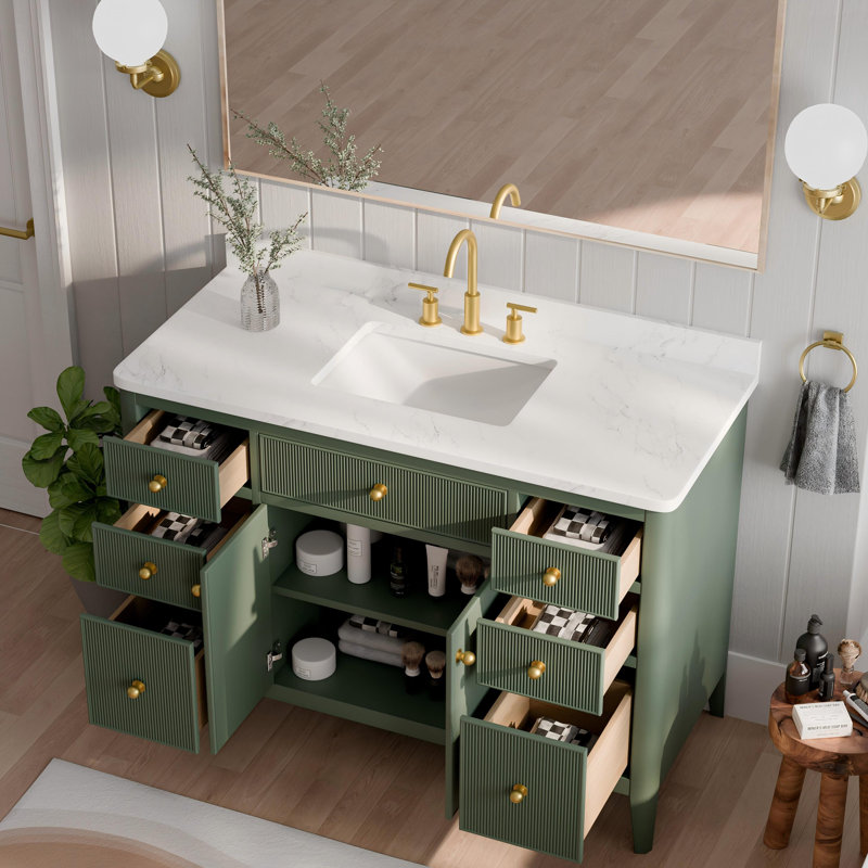 48" Fully Assembled Freestanding Solid Wood Bathroom Vanity With 2 Handle Sets And Carrara Marble Top, Green