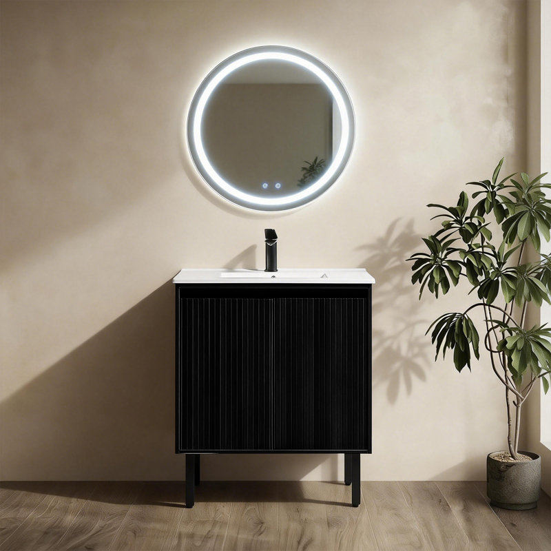 Bathroom Vanity Cabinet with Sink  Wall Mounted Bathroom Vanities with Ceramic Sink Floating Fluted Sink Vanity with Drawers,Modern,