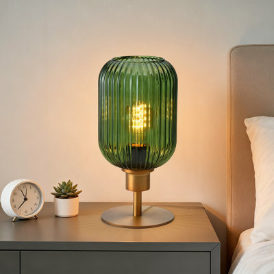 Mid Century Modern Desk Lamp With Dimmable LED Bulb, Built-In Timer, Ribbed Glass Shade For Vintage Home Office Lighting