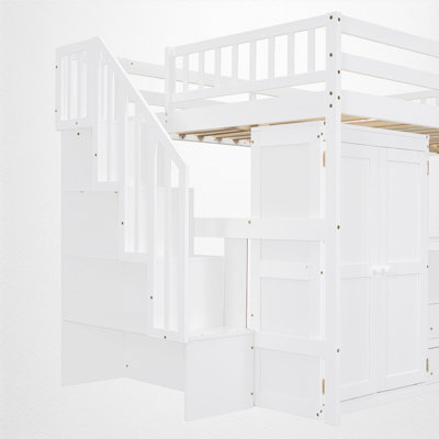 Loft Bed, Space-Saving Study Hub, Two Desk, Bookcase & Wardrobe Storage, Contemporary, Kids & Teens Room