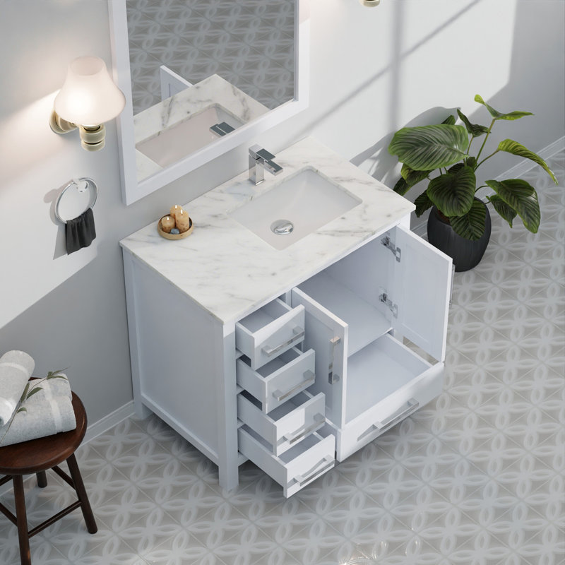 Meuble-lavabo l 36 po x P 22 po, décalé à droite et miroirs 34 po, Blanc
