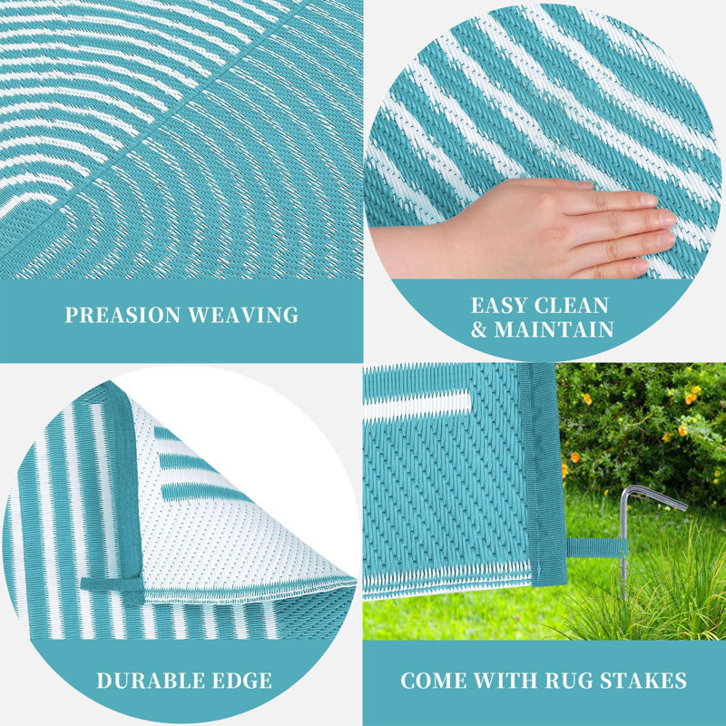 Outdoor Rug 6x9 ft Waterproof Plastic Straw Rug for Patio UV Resistant Reversible Floor Carpet Outside Portable RV Camping Pat for Balcony Porch Backyard Light Blue White