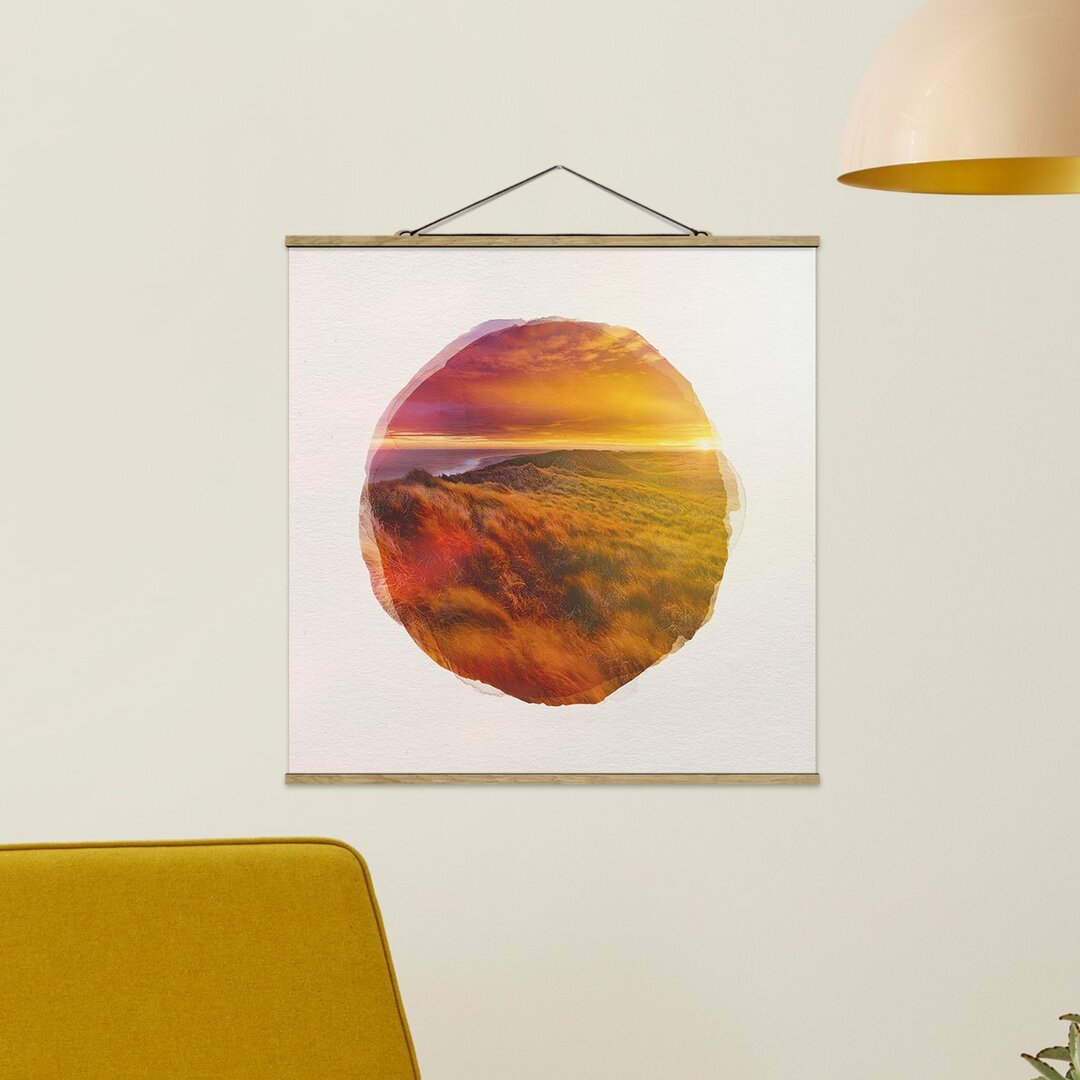 Stoffbild mit Posterleisten - Aquarelle - Sonnenaufgang am Strand auf Sylt - Quadratisch 1:1