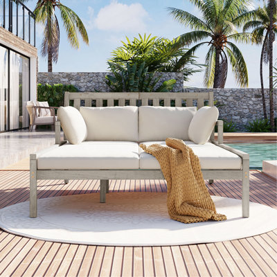 Outdoor Daybed, Patio Daybed With Four Pillows, Wooden Outdoor Bed With Curved Armrests For Poolside, Backyard, Garden (Beige Cushion)