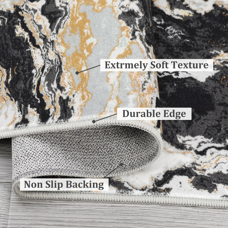 Rectangle Abstract Washable Area Rug, Black, Rectangle 120 x 170 cm