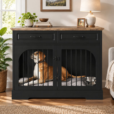 Farmhouse Dog Crate Furniture With Storage Drawers And Rotating Food Bowls