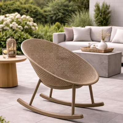 Luxury Glam Organic Modern Patio Rocking Chairs, Egg-Shaped Lounge Rockers, All-Weather Plastic Indoor Outdoor Accent Chairs with Breathable Perforated Design for Patio, Balcony, Sunroom, and Poolside, Beige