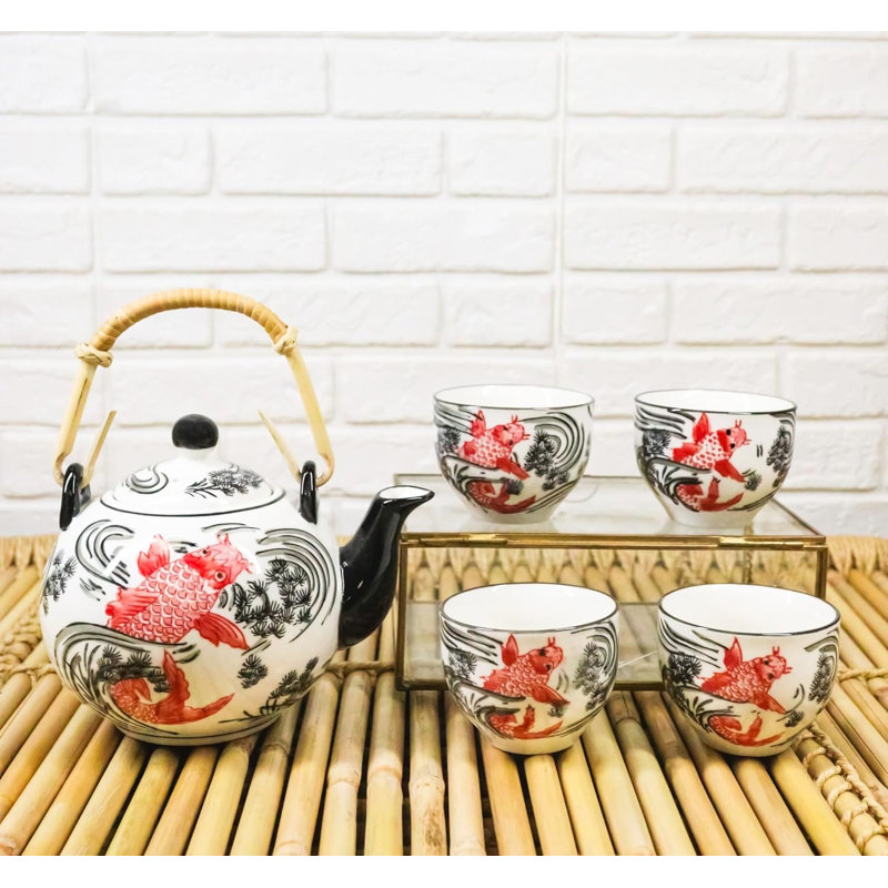 Ensemble de théières en porcelaine rouge et noire avec poignée en bambou et 4 tasses à thé Koi