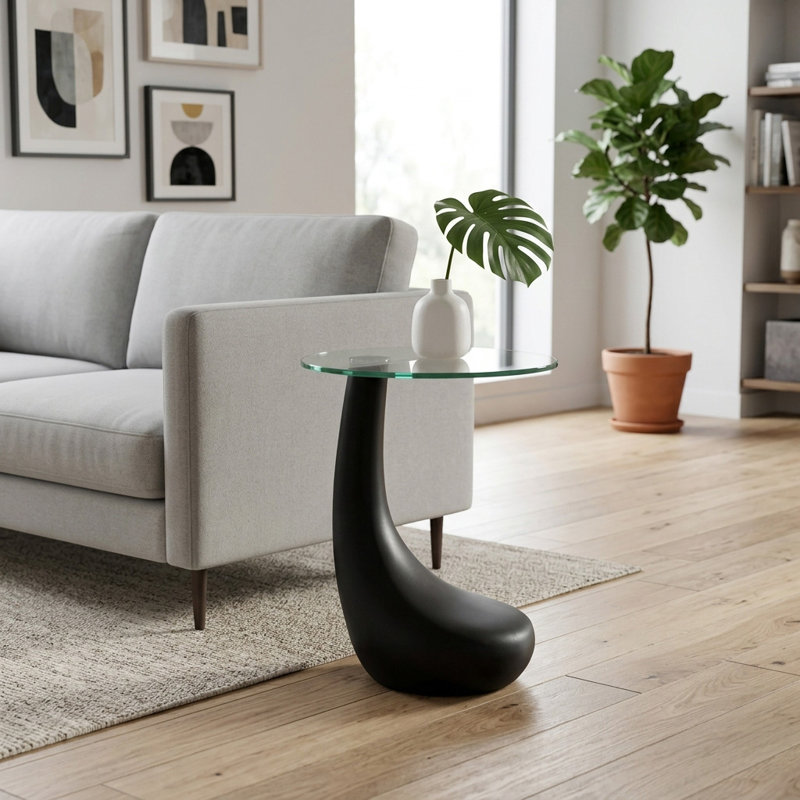 Sculptural Round Glass Accent Table with Curved Cement Base for Living Room - Narrow Modern Top Side End Table for Corner Nook - 22", Black