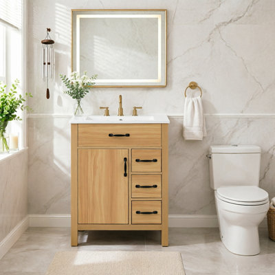 Meuble-lavabo moderne et traditionnel de 61 cm (24 po) avec lavabo en céramique, caisson en MDF, pieds en bois massif, poignées en alliage de zinc noir et finition mélaminée imitation bois.