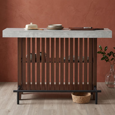 Modern Counter Height Sideboard with 2-Tier Open Storage, Marble-Grain Top, Metal Footrest for Small Spaces