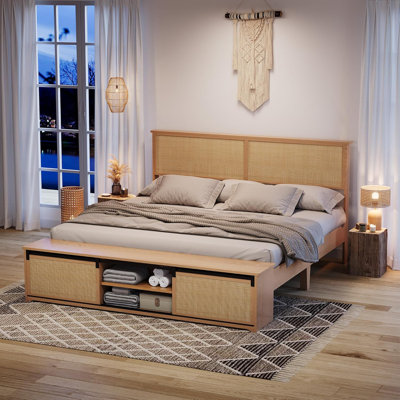 Full Rattan Storage Bed – MDF+Metal, Hidden Cabinet